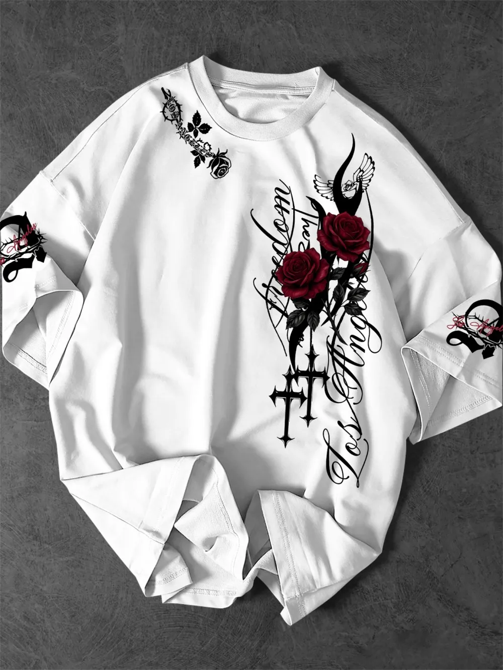 European and American Men's Summer Fashion Gothic Rose Letter Print Soft and Breathable Round Neck T-Shirt Outdoor Street Top