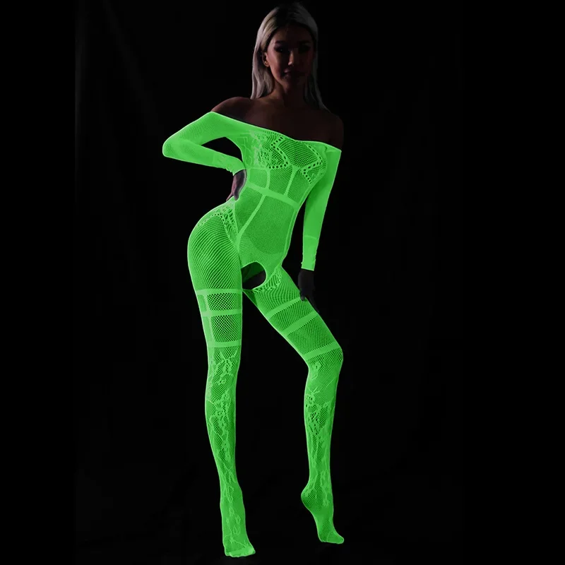 Luminous Sexy Bodysuit See Through Hollow Out Net Clothing Sexy Lingerie Resilient Mesh for Sex Costumes Mesh Dress for Women