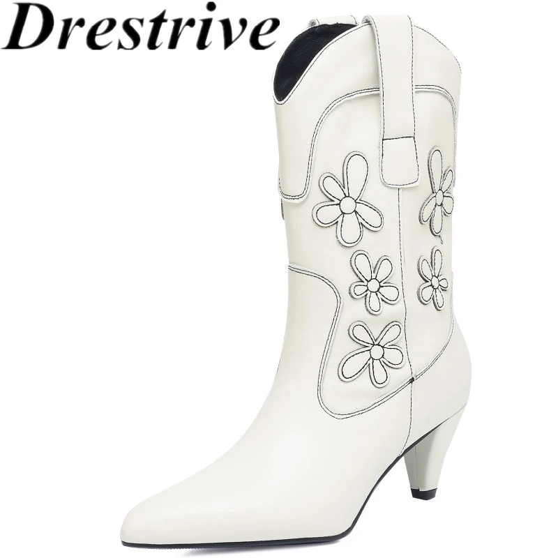 Drestrive 2025 Fashion Women's Mid Calf Boots Laminate Bonded Leather Pointed Toe Spike Heels Winter Shoes Flower Handmade