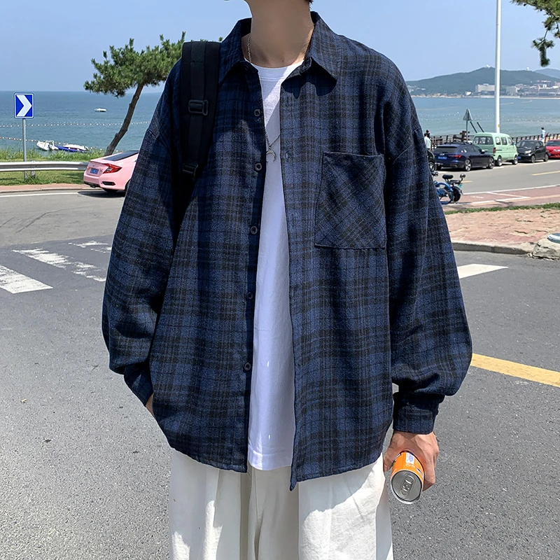 Retro American Plaid Long Sleeve Shirt for Men Korean Style Base Layer Outerwear Couple Jacket Autumn Season Youth Fashion