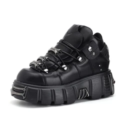 U-DOUBLE marca estilo punk sapatos femininos rendas altura do salto 6cm sapatos de plataforma mulher botas de tornozelo gótico decoração de metal mulher tênis