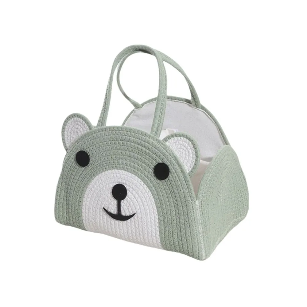 Cute Cotton Rope Baby Diaper Bag Bear Pattern Handheld Diaper Storage Bin with Handle Large Capacity Mommy Bag Nursery Use