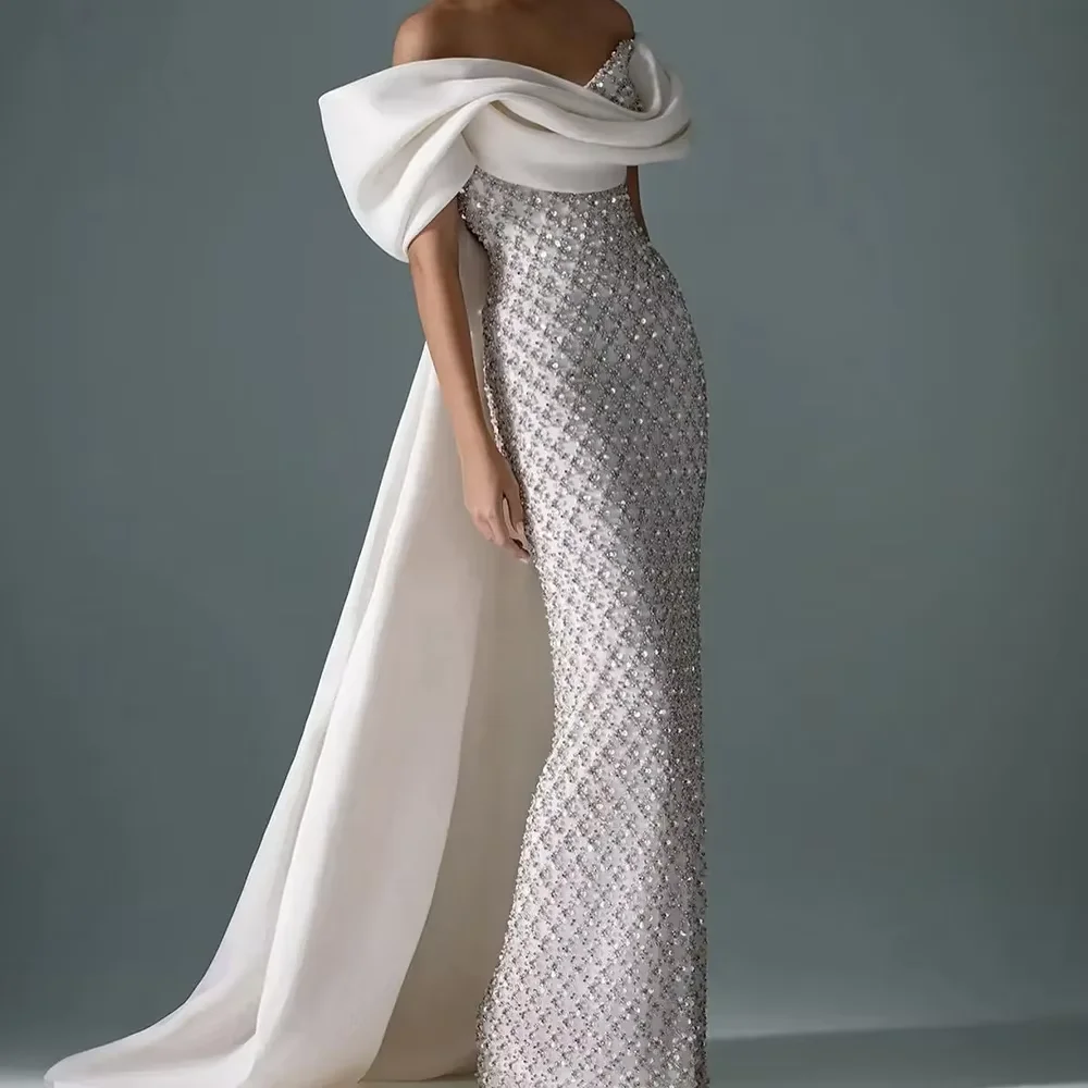 Customized Evening Dresses Exquisite Fashion Classic Jersey Pattern Sequined Straight Boat Neck Long Dresses High quality image 3