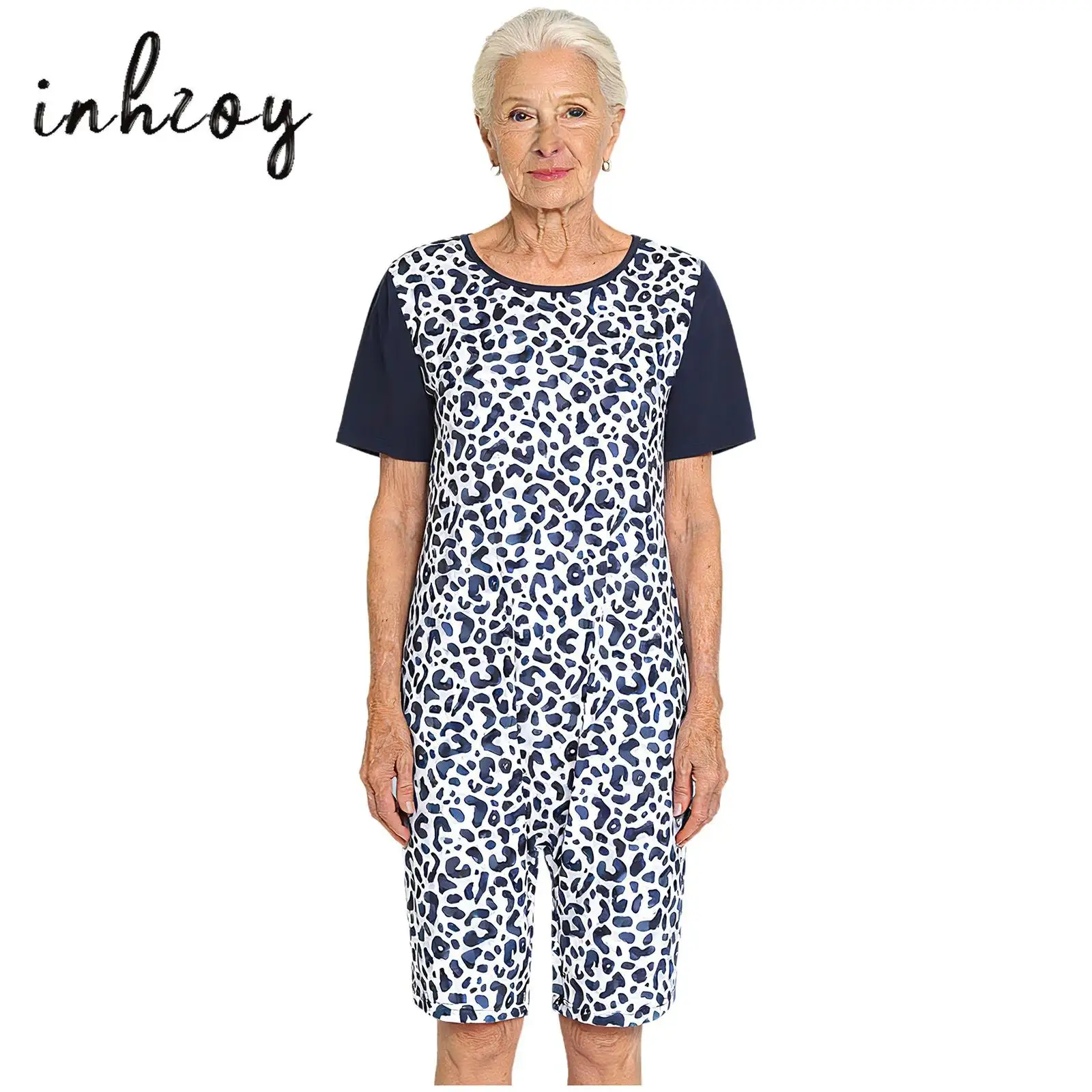 Women Adults Special Needs Adaptive Jumpsuit Print Short Sleeve Buttoned Crotch Bodysuit for Elderly Dementia Alzheimer Patients