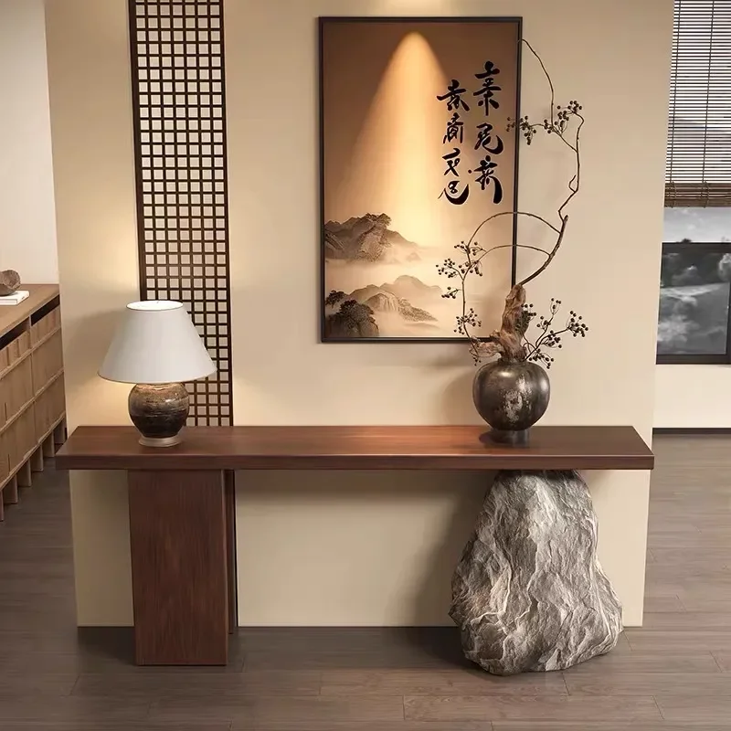 New Chinese Style Solid Wood Entrance Table Against Wall Living Room Hotel Corridor Narrow Console Imitation Stone Entryway