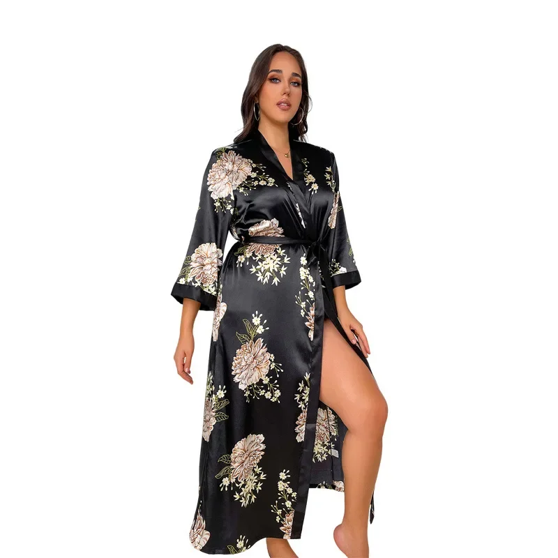 Fashion Printing Plus Size Sleepwear Women Summer Silk-like Robe Home Clothes Pajamas Sexy Loose Cardigan with Lace Up Bathrobe