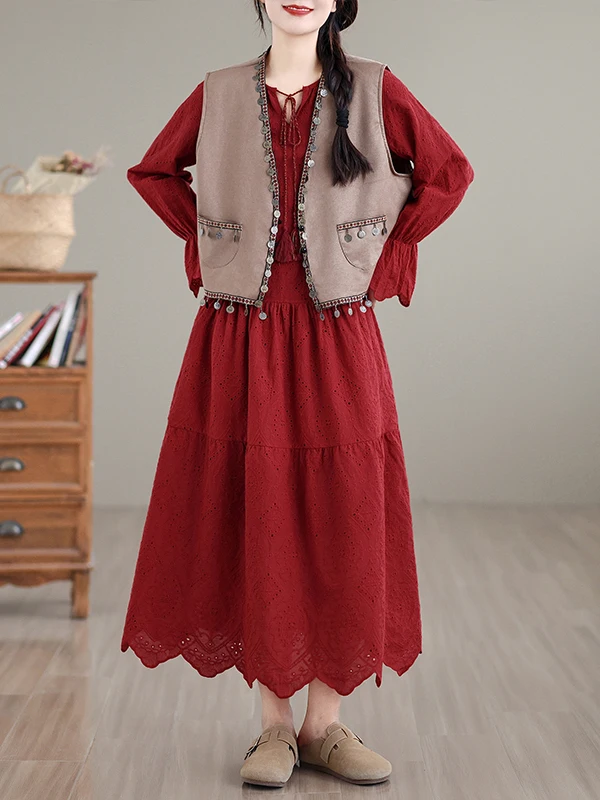 Reine Farbe bestickt Urlaub Dr. Große Größe Damen Herbst Winter Langer schlankmachender Bauch bedeckender langer Sve A-Linien-Rock