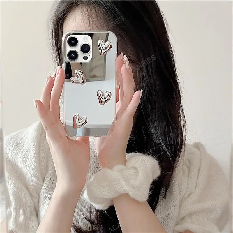 For Iphone 15 Pro Max 14 Plus 11 12 13 Mini XS XR X 8 7 SE Glossy 3D Love Heart Mirror Phone Case Iphone15 Cover 15Pro Iphone11