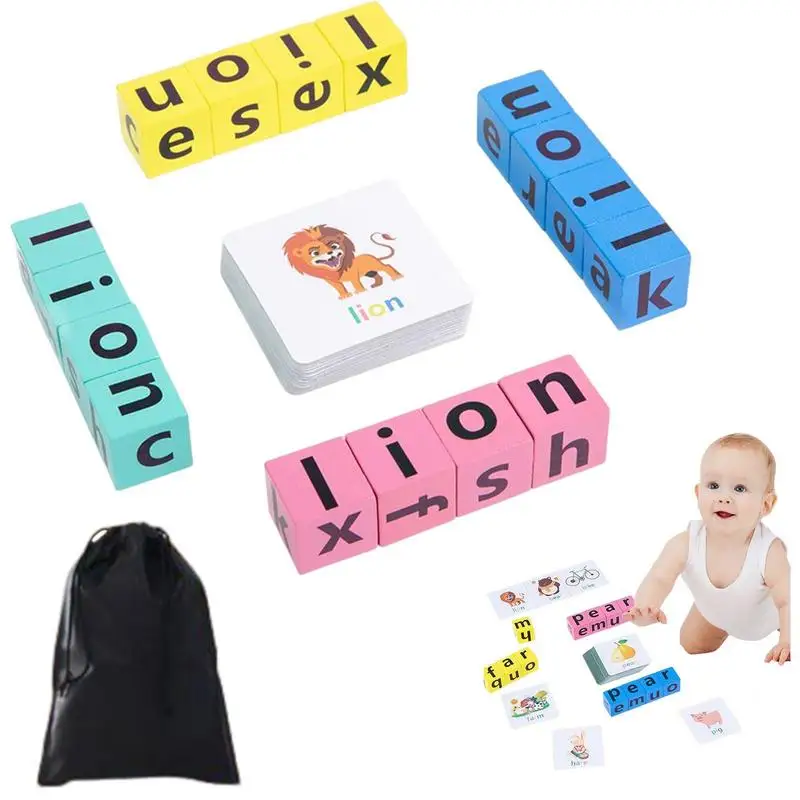 Letter Spelling Block Flash Cards Game English Words Early Learning Educational Puzzle Game For Baby Kids Montessori Wood Toy