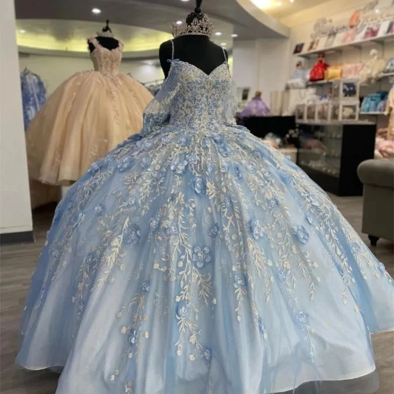 

Sky Blue Off The Shoulder Quinceanera Dress Appliques Flower Beads Birthday Party Gowns Graduation Sweet 16 Vestidos De 15 Años