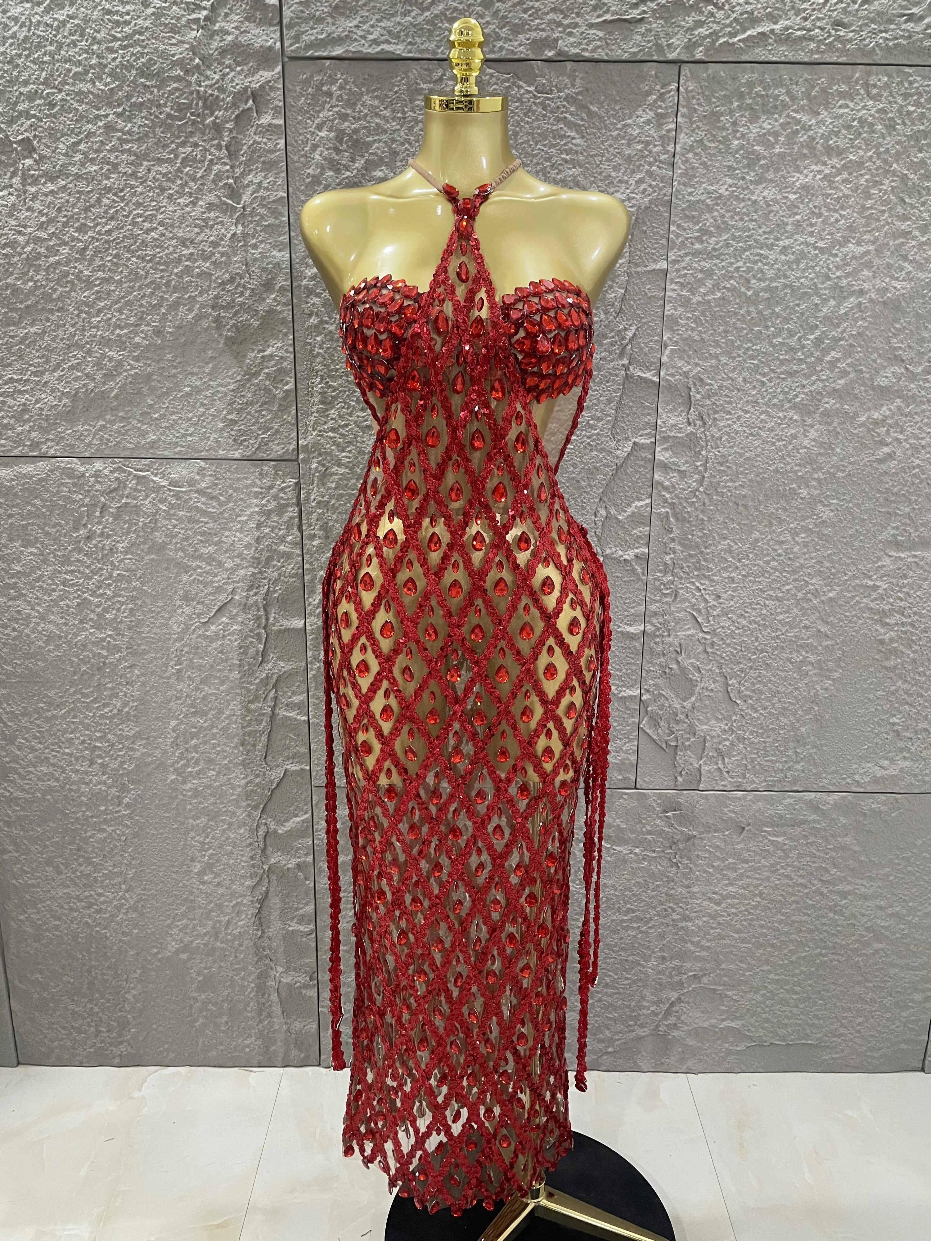 

2025 Women Sexy Sparkly Red Rhinestones Sleeveless Mesh Transparent 2 PCS Long Dress Birthday Party Celebrate Prom Stage Costume