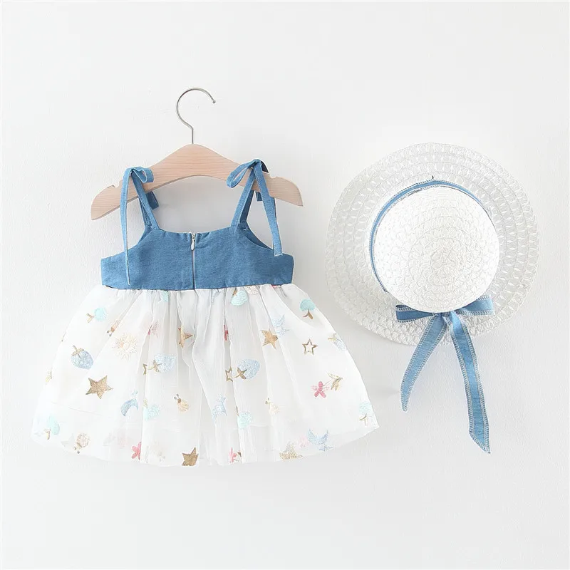 Summer Girls Denim Suspender Dress Chest Big Bow Princess Dress Beach Dress Free Hat Fashion Casual