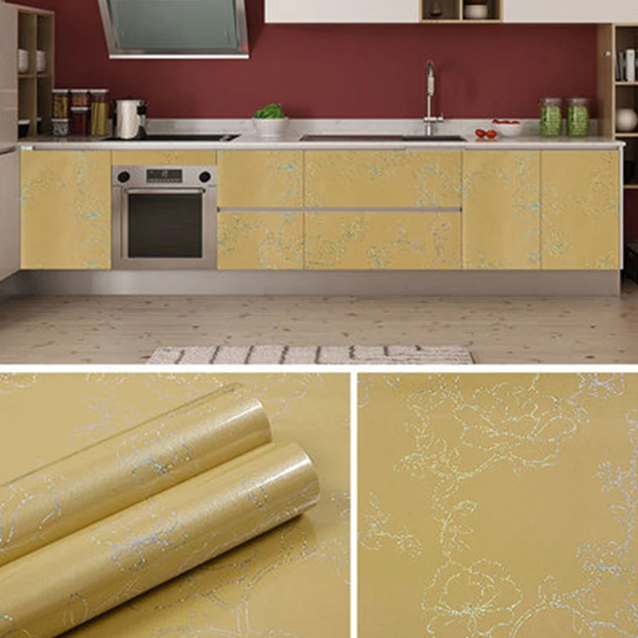 PVC Waterproof Champagne Wallpaper Self-Adhesive Kitchen Oil-Proof Wall Stickers Cabinet Table Countertop Fridge Renovation Film