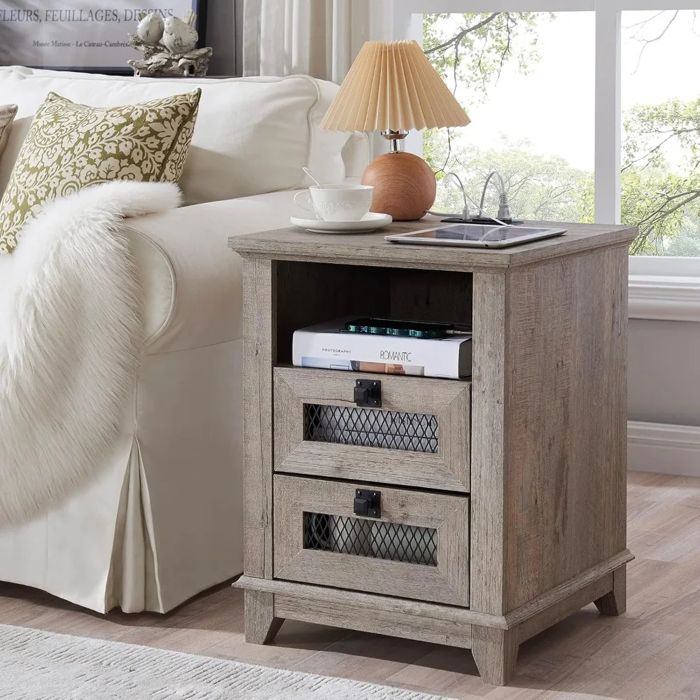 

Bedside table with charging station, farmhouse end table, 2 drawers, open locker, rustic mesh drawer sofa side table