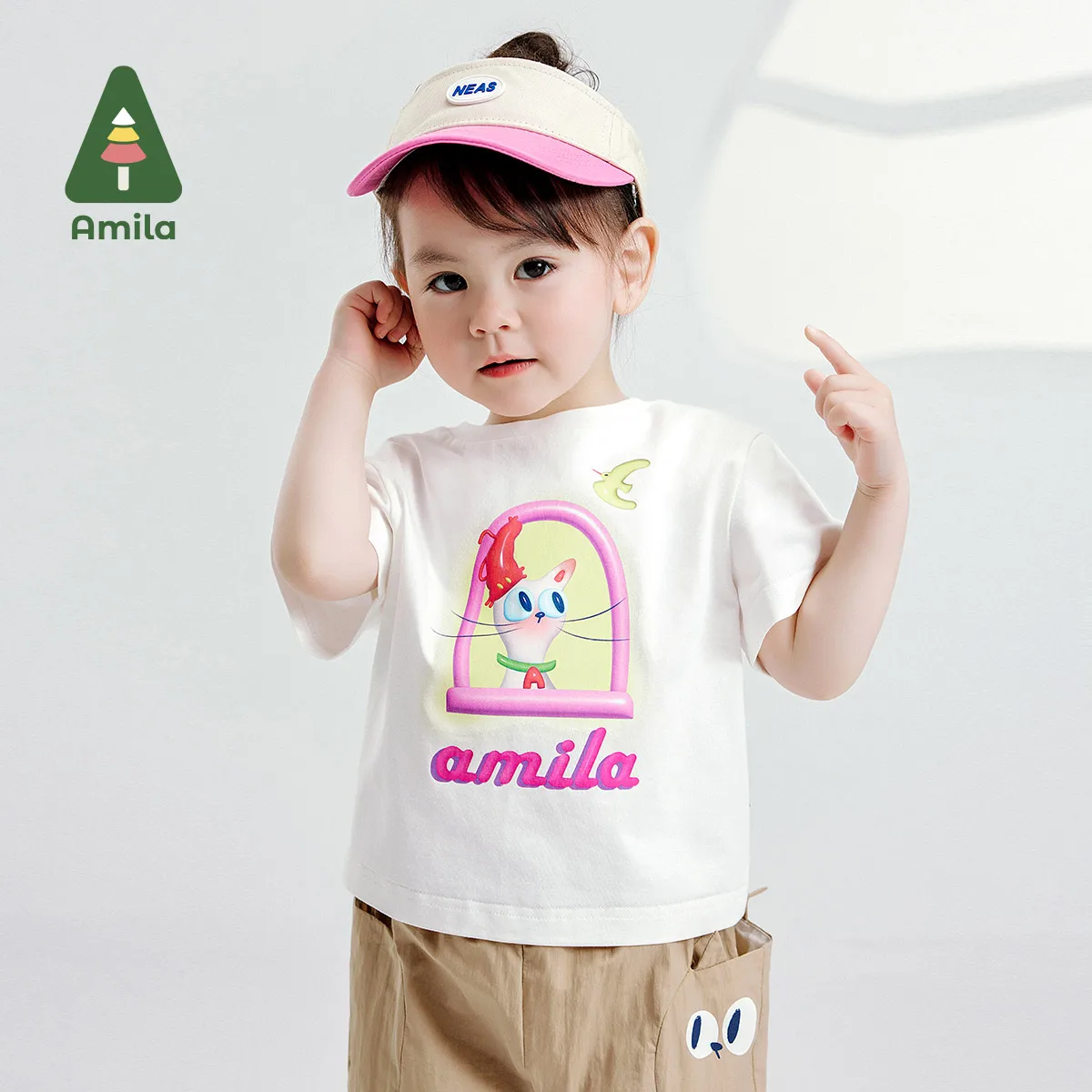 Amila Baby Girl Top 2024 Summer New Cartoon Kitten Print Cotton Sleeved T-shirt Children's Clothes 0-6Y