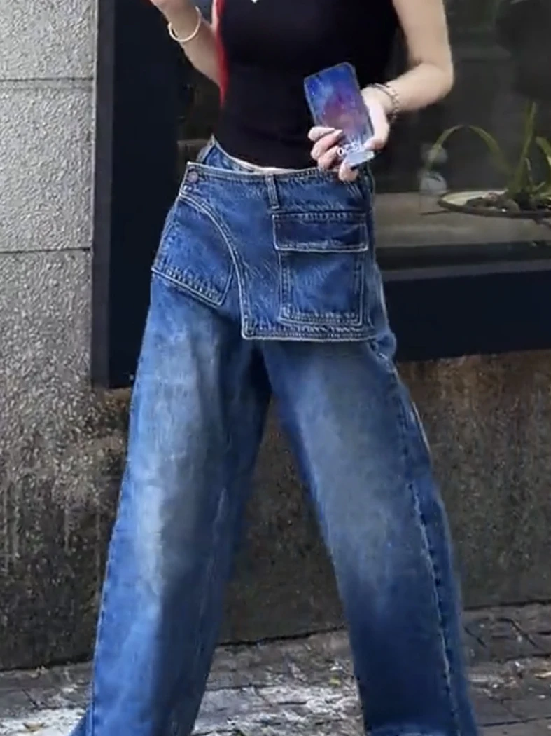High Waist Wide Leg Denim Jeans Women's plus Size Loose Pants American High Street Retro Straight Long Trousers
