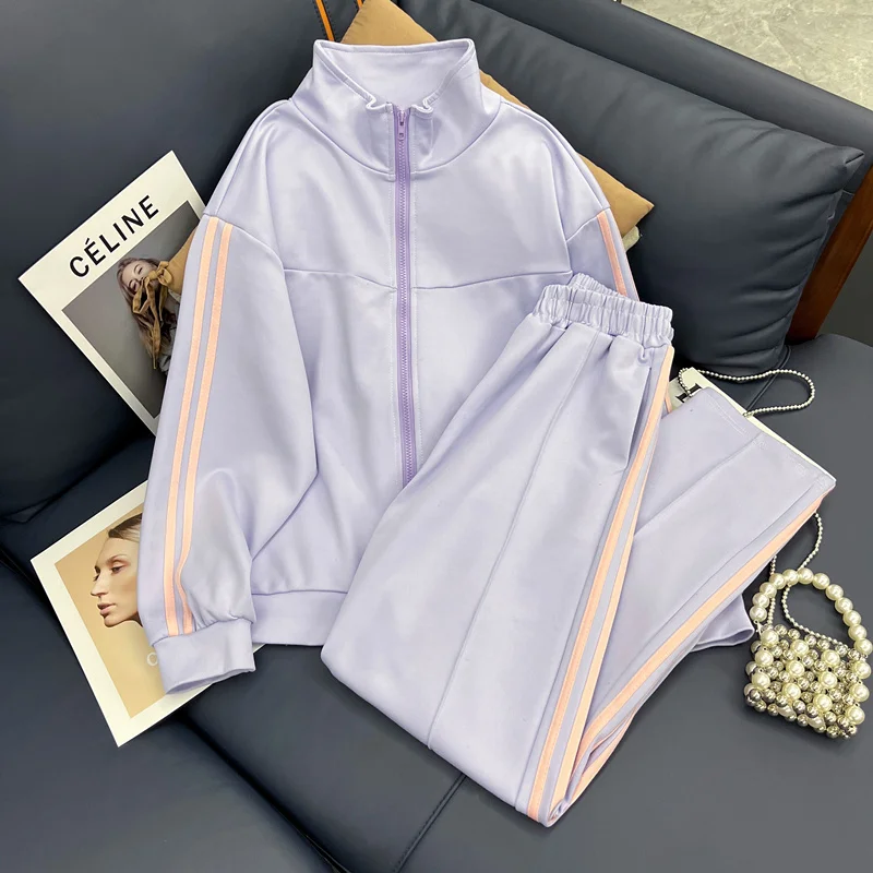 Women's Sportswear Set 2023 New Autumn Light Purple Stand Neck Zipper Coat+Elastic Waist Wide Leg Pants 2PS Casual Fashion Sets