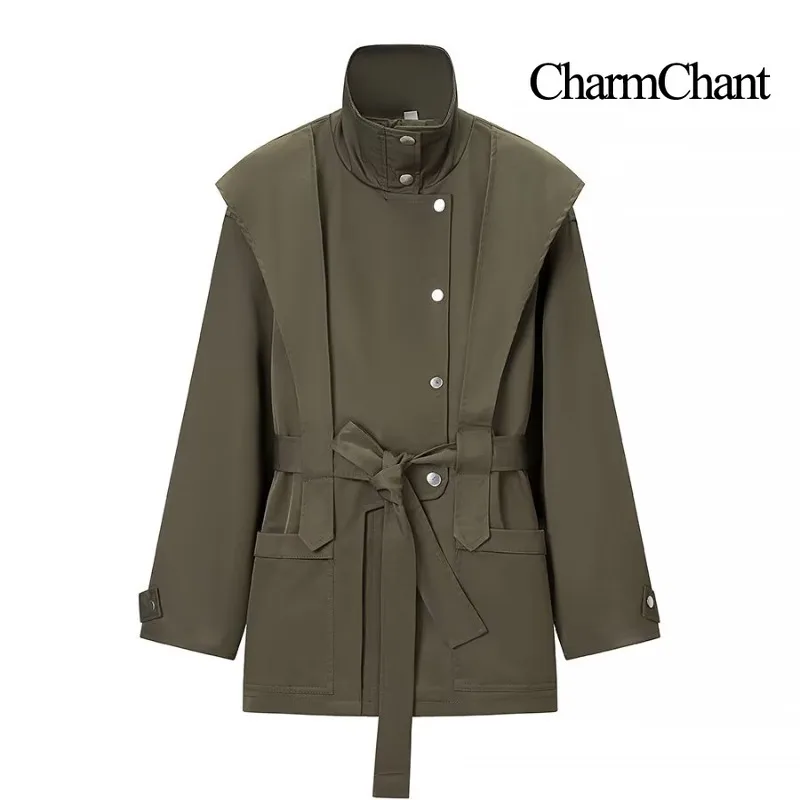 CHARMCHANT Women's Multi-color Stand Collar Trench Jacket Cape Overlay Snap Buttons Waist Tie Belt Long Sleeve 2026