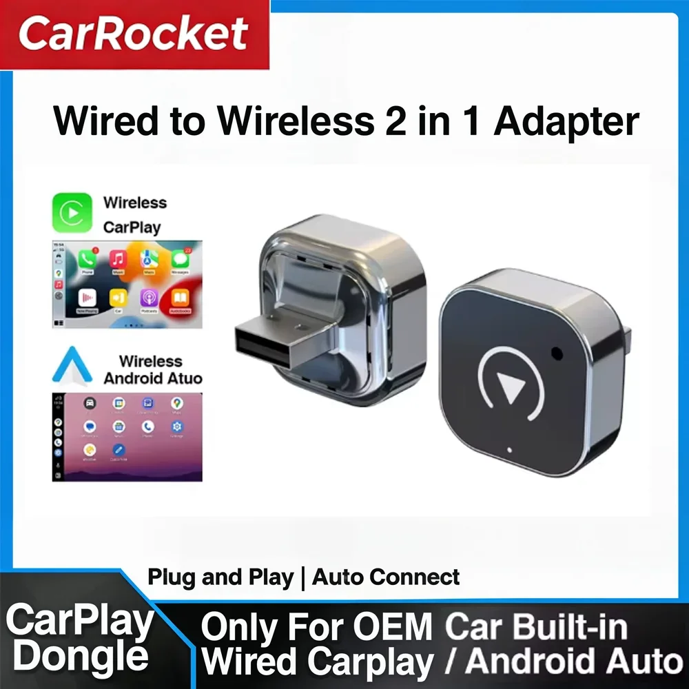 Adaptador 2 em 1 sem fio CarPlay Android Auto Plug & Play Dongle AI Smart Box para iPhone Android Conexão rápida WiFi Bluetooth, Audi