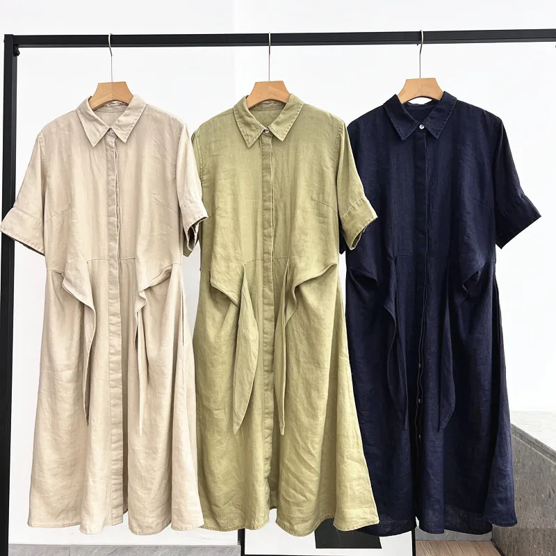 

25 Summer Women's Linen dress POLO Neck Cardigan Belt Long Dress