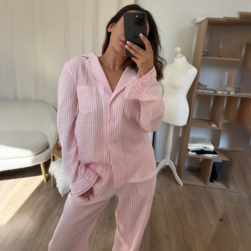 Hiloc Spring Pink Women'S Pajamas Two-Piece Elegant Striped Set  Soft Flared Sleeve Shirt And Elastic Waist Pants Women'S Suit