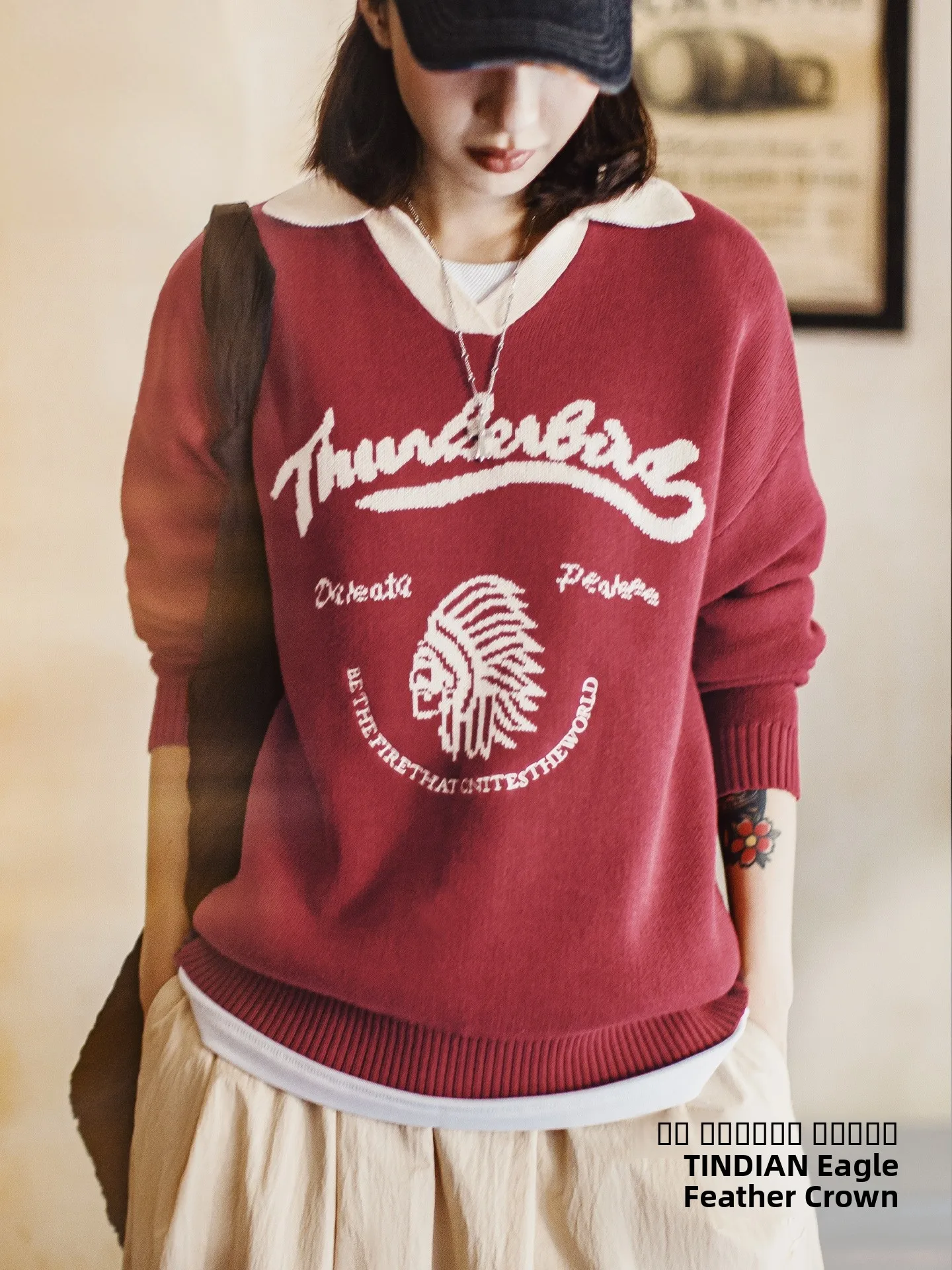 

Maden Ретро винно-красный цвет Blo V-Ne Свободный вязаный свитер Thiened Теплый женский зимний топ Хлопковый длинный трикотаж све