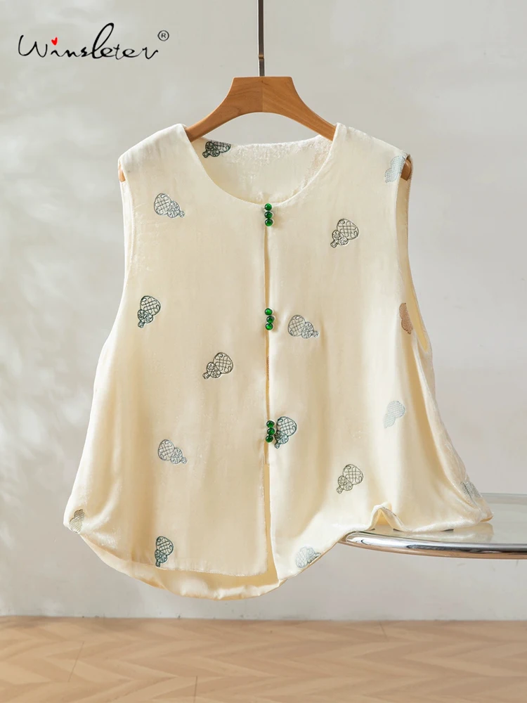 

Элегантный бархатный жилет Winsleter-Bottom из 100% натурального шелка, вышивка с круглым вырезом, женский универсальный жилет для поездок на работу, осень 2023, C5O094CC