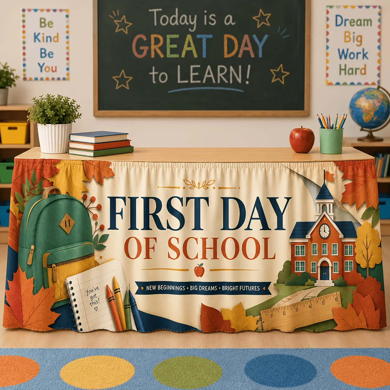 1 first day of school table skirt, maple backpack notebook pencil ruler Apple school building printed tablecloth