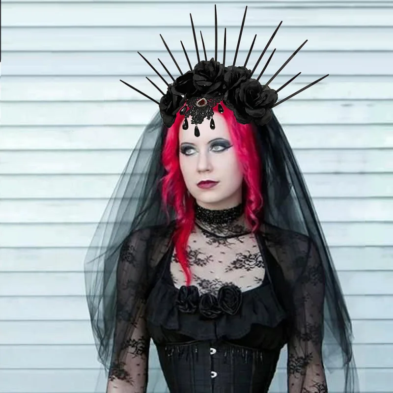 Halloweenowa sukienka na wakacje panna młoda welon ślubny z pałąkiem na głowę gotycka korona kostium w stylu vintage