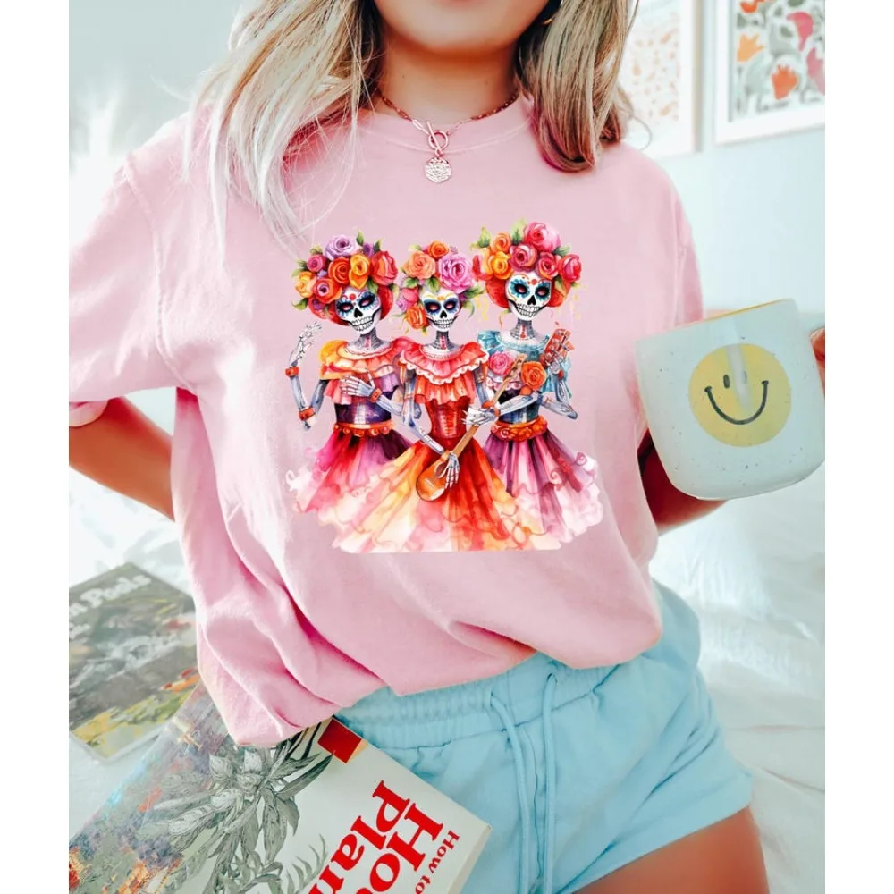 Day of The Dead Shirt Sugar Skull Unisex Streetwear Dia De Los Muertos T-Shirt Mexican Festival Costumes Women Casual Cotton Top