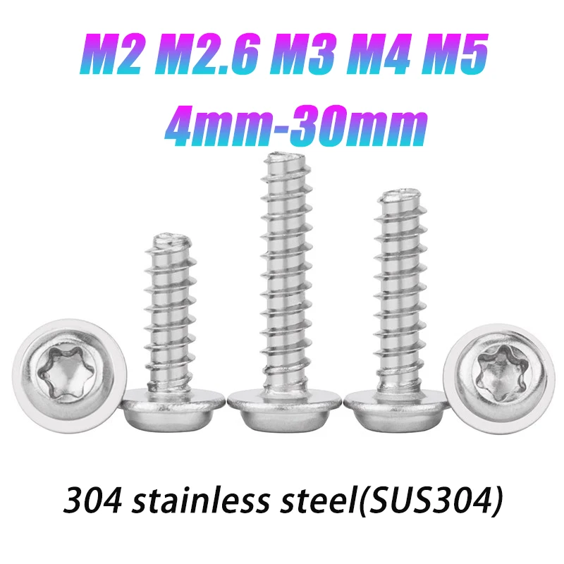 

10-100 шт. M2 M2.6 M3 M4 M5 с плоским концом из нержавеющей стали, шестилепестковая круглая шайба, саморез Torx для пластика