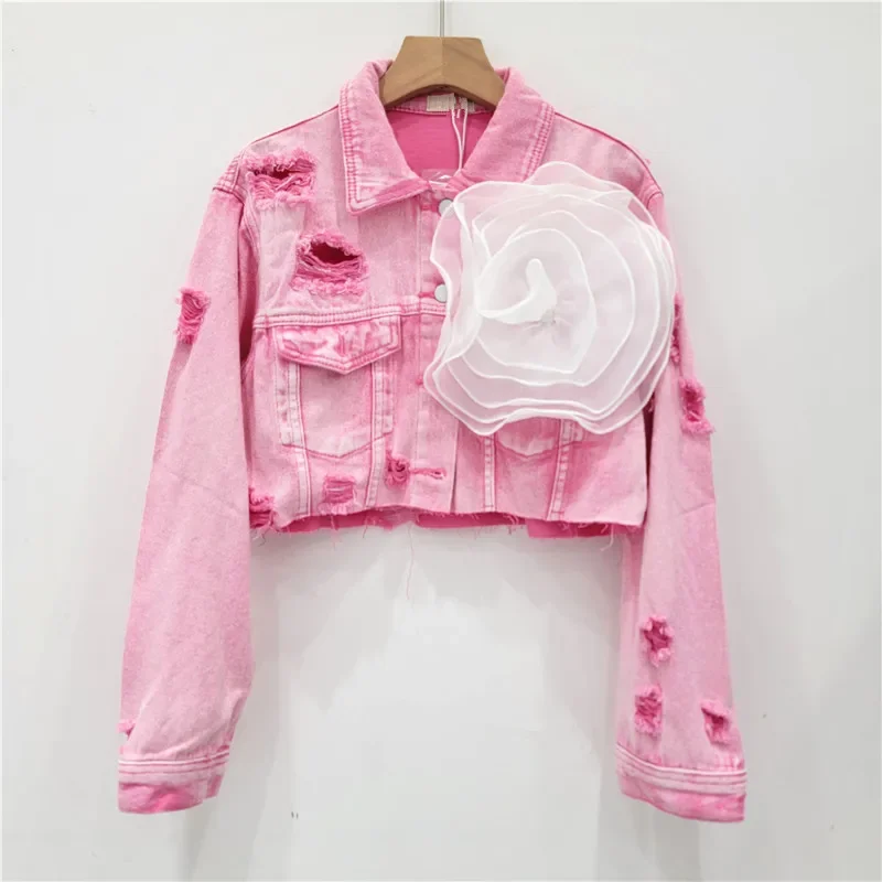 

Women 3D Flower Washed Long Sleeve Single Breasted Denim Jacket Coats 2024 Autumn Ripped Out Streetwear Jean Outweat