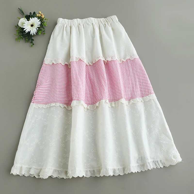 Japanese Sweet Mori Girl Vintage Plaid Embroidery Patchwork Skirts Women Summer Elastic Waist Casual Loose A-Line Midi Skirts