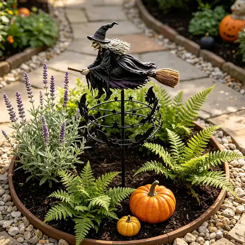 2D Hexen-Garten-Windrad, rotierendes Windrad, Halloween-Dekoration, Hexen-Garten-Windmühle mit Pfahl für Hof und Garten