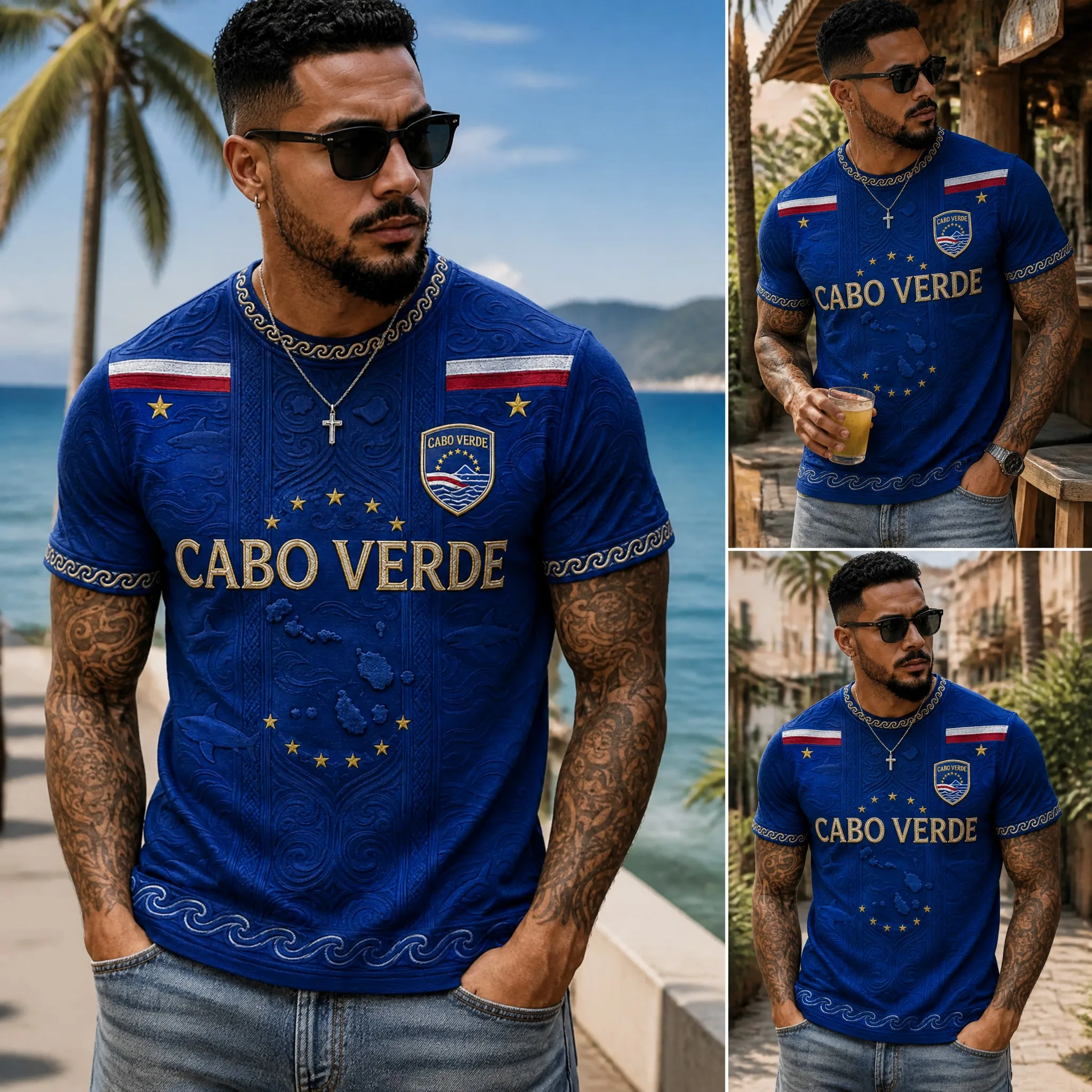 Mens Cabo Verde Crew Neck T Shirt Embossed Island Crest Graphic Short Sleeve Beach Vacation Summer Tee Casual Daily Wear Holiday