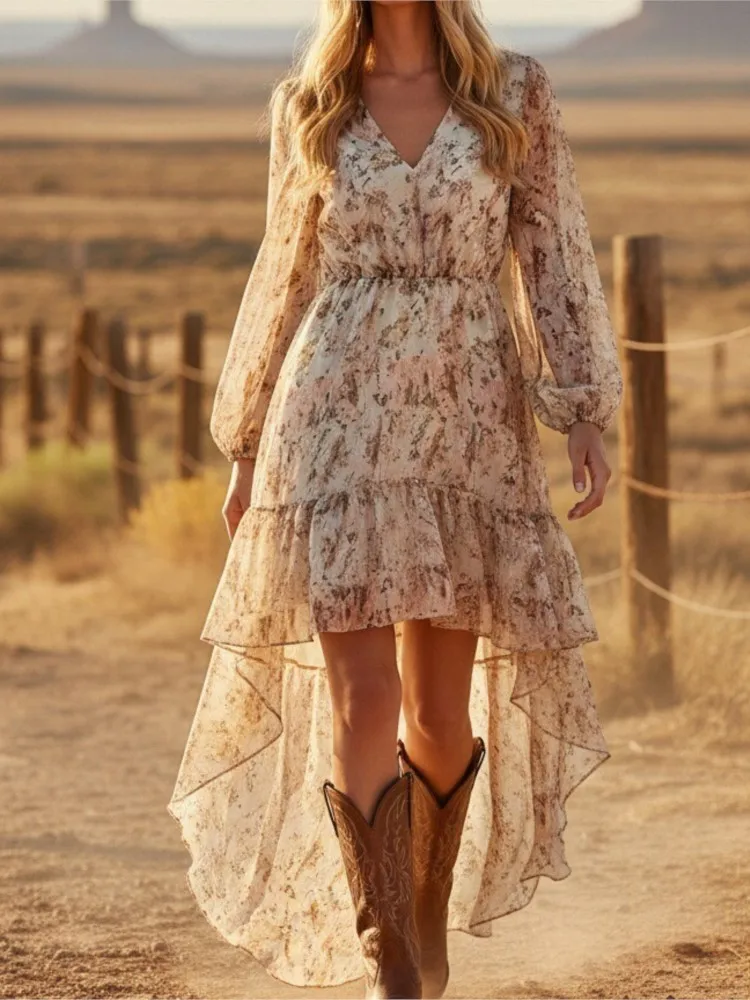 تنورة نسائية جديدة بتصميم بوهيمي وياقة على شكل V وخصر مطاطي عالي وحافة غير منتظمة متعددة الطبقات، فستان طويل بأسلوب البريري الأنيق للحفلات والشاطئ