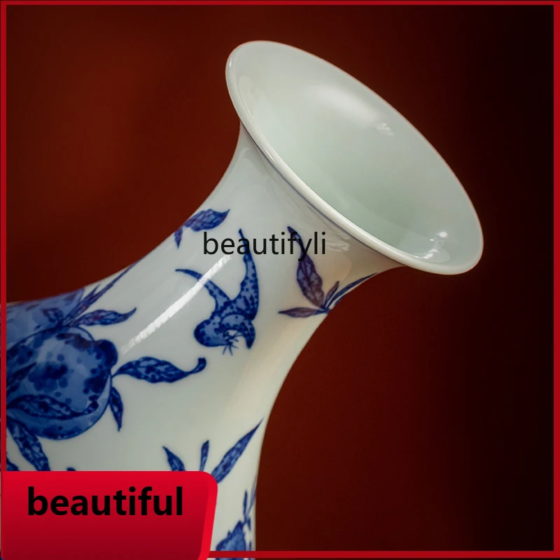 

F132 Ceramic vase Porcelain hand-painted blue and white Fushou pattern Fu Tao living room Bogu frame ornament Olive vase