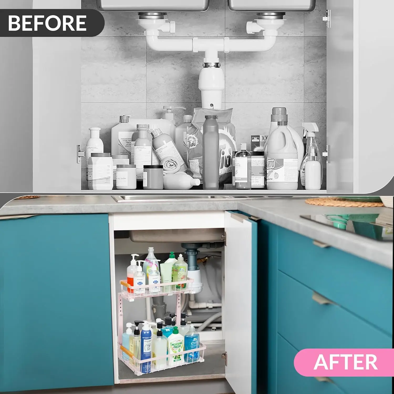 

2X1 Under Sink Organizer, Metal Pull Out Shelves With Sliding Drawer, Under Sink Storage For Kitchen, Bathroom,Height