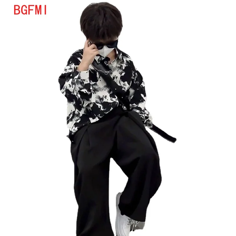 4-14Y Teenage Boy Shirt Outfit Fashion Kids Spring and Autumn Clothing New Korean Ink Painting Shirt and Wide-leg Suit Pants Set