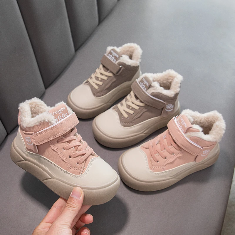 

Little Girls Warm-lined High-top Sneakers 2025 New Winter Kids Fleece Lined Casual Boots Non-slip Versatile School Sports Boots