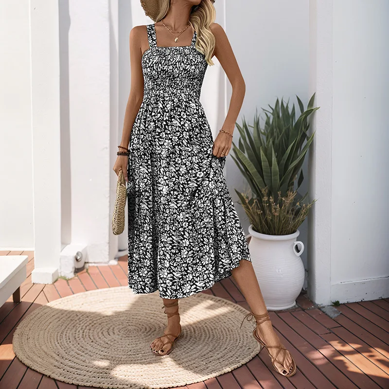 Elegant Floral Print Boho Women's Summer Long Dress Sexy Sleeveless Beach Sundress Casual Bohemia Backless Maxi Dresses Ladies