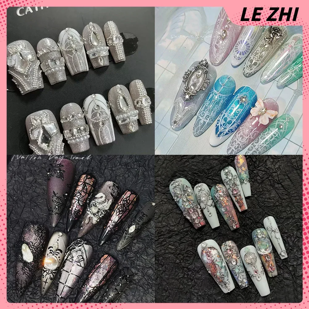 Cool Luxury Metal Punk Style Diamond Moon Vine Trapezoid Fake Nail 3D Butterfly Lace Glitter Press-on Nails Party Birthday Gift