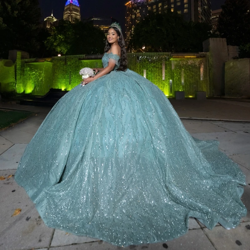 

Aqua Blue Shiny Quinceanera Dresses Off The Shoulder Lace Beading Crystal Tull Party Birthday Sweet 16 Dress Vestidos 15 De Anos
