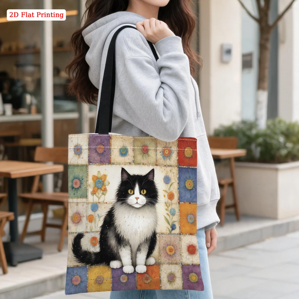 1Pc Vintage Patchwork Floral Cat Print Shoulder Bag Multicolor Quilted Square Pattern Tote Bag For Daily Shopping Travel Work St