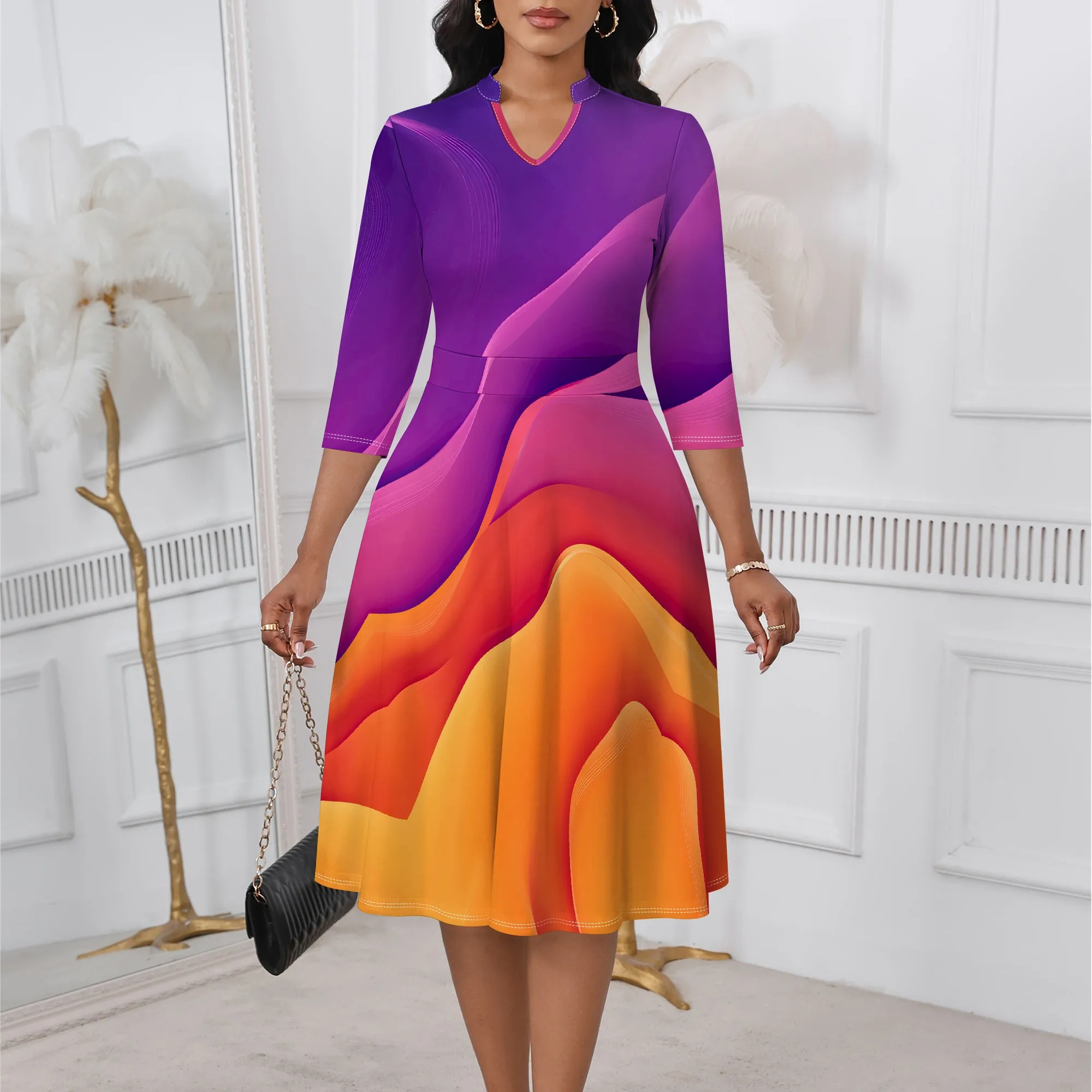 

Sunset Gradient Print Midi Dress XS-3XL V-Neck 3/4 Sleeve A-Line Style for Music Festival, Art Show or Summer Celebration Look