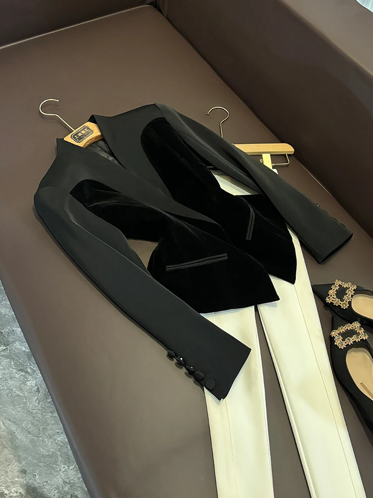 

Faionable Velvet Patchwork Suit Jaet Autumn New Arrival Women's Commute Sle Long Sve Color A842