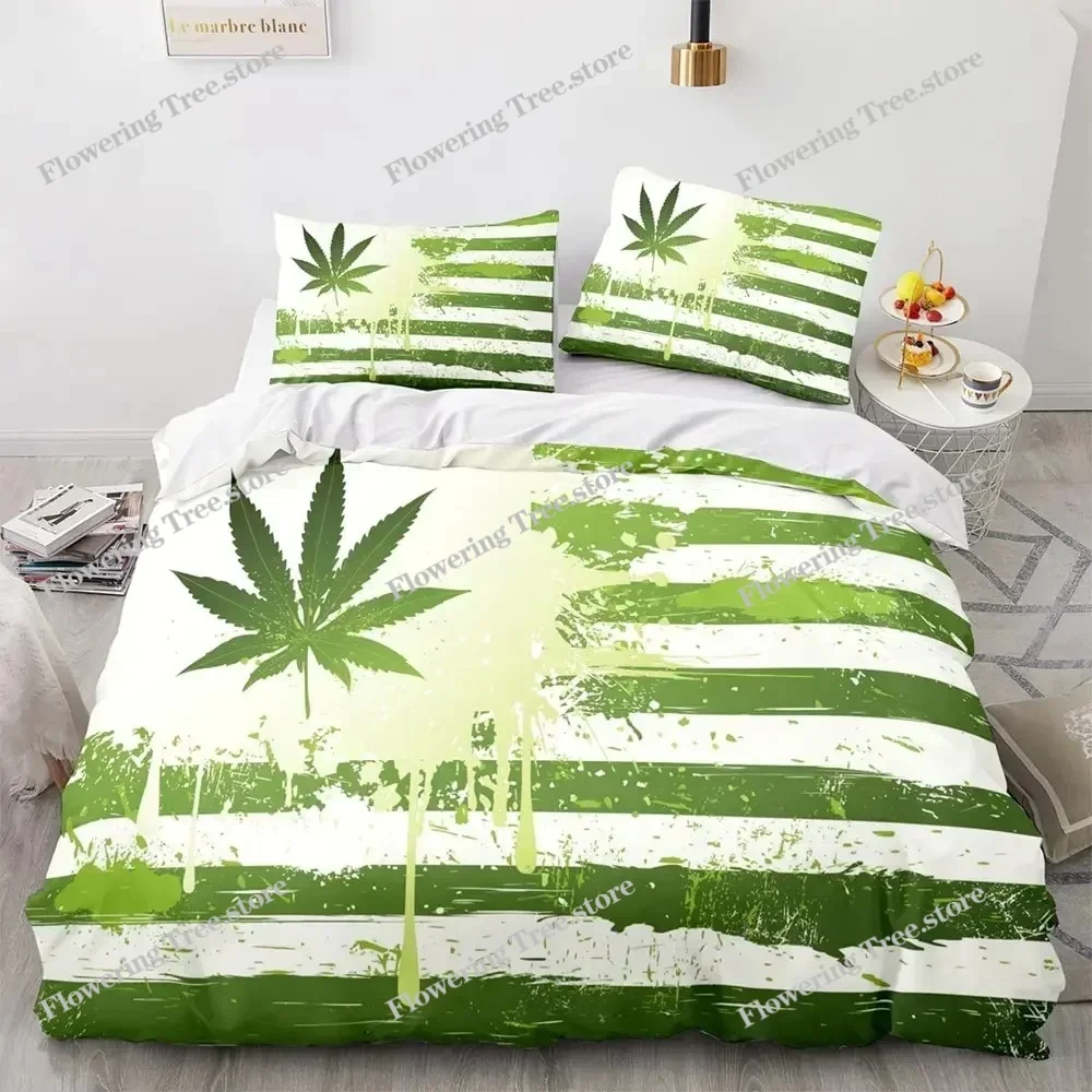 Marijuana Weed Leaf King Queen Duvet Cover Green Maple Leaves Bedding Set for Adults Palm Leaves Polyester Quilt Cover029