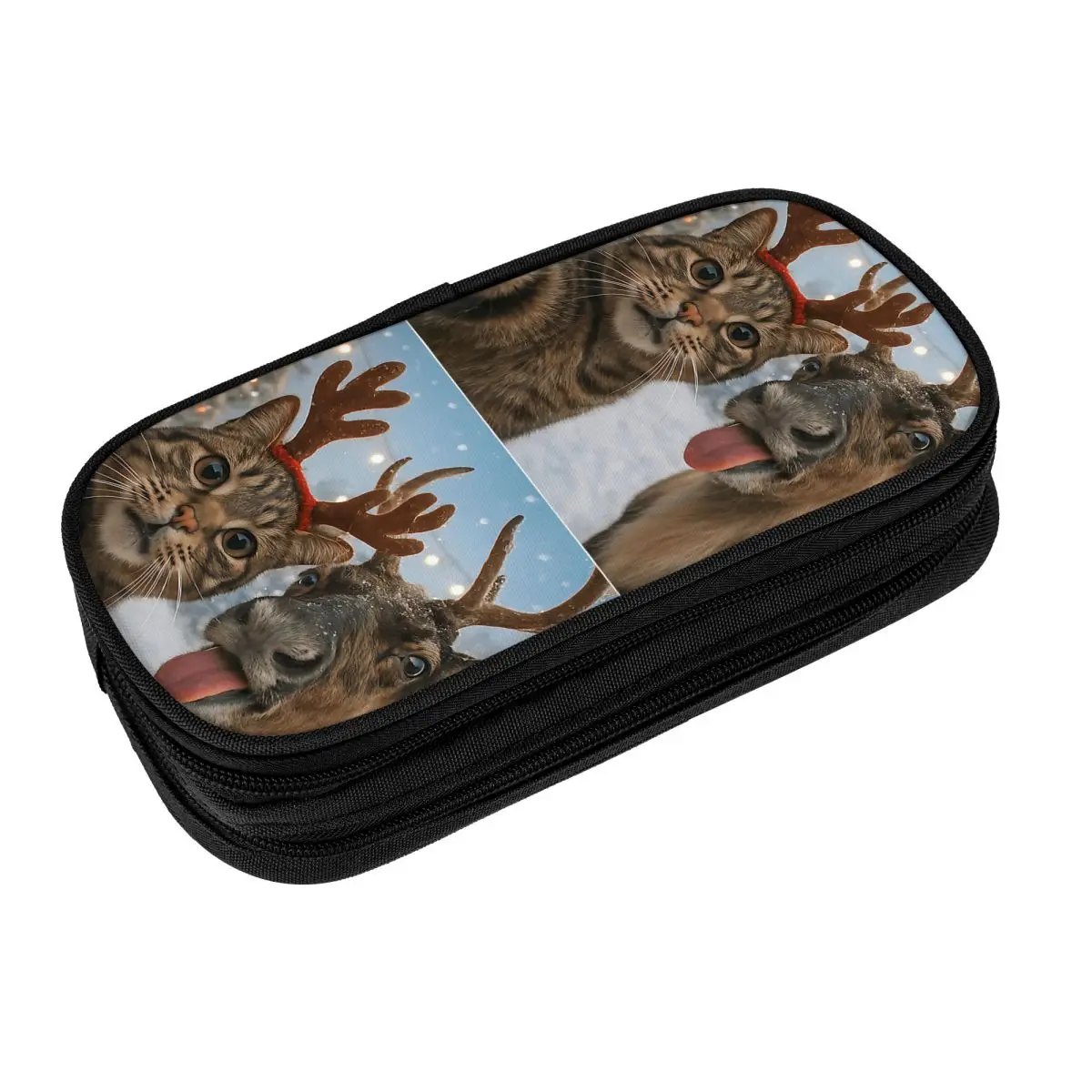 Funny Cat Selfie With Reindeer Christmas Holiday Meme Pencil Case Canvas Pencil Bag Students Big Back To School Pencil Cases