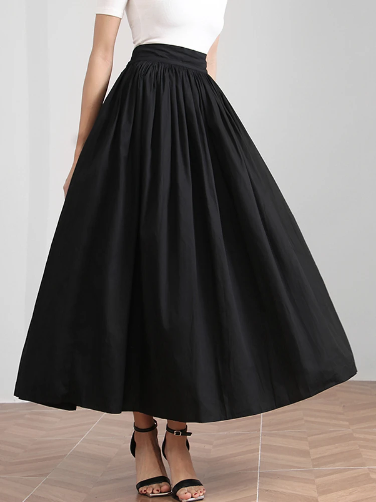 JIAMI Elastic High Waist Pleated Puff Skirt Classic Design High Quality A-line Women Black Skirt Elegant Vintage Daily Outfits