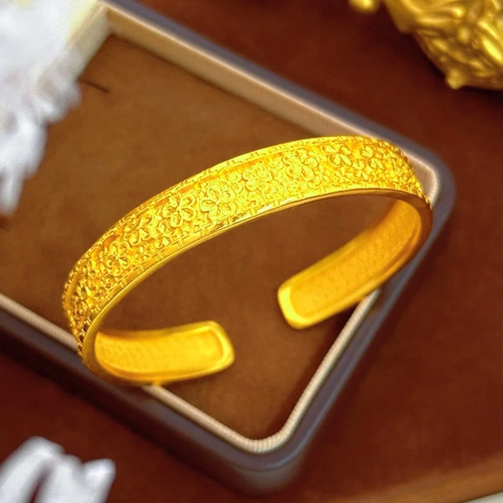 Auspicious Ruyi Plum Blossom Gold Open Bangle Women 24K Gold AU999 Good Meaning and Full of Blessings
